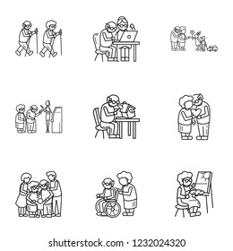 Older person lifestyle icon set. Outline set of 9 older person lifestyle vector icons for web design isolated on white background