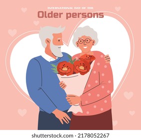 Older persons love. Grandfather gives flowers to grandmother, happy elderly family. Design for romantic greeting card for valentines day or wedding anniversary. Cartoon flat vector illustration