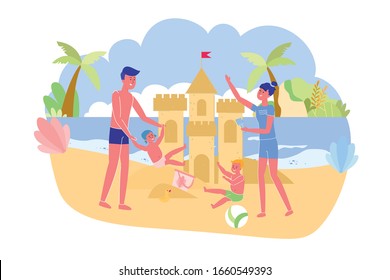 Older Siblings Help Younger Learn to Play on Beach. Boy and Girl Look after Kids. They Play Fun on Beach and Sit on Sand. They have Ball, Rubber Duck and Bucket. In Background Tropical Plants.