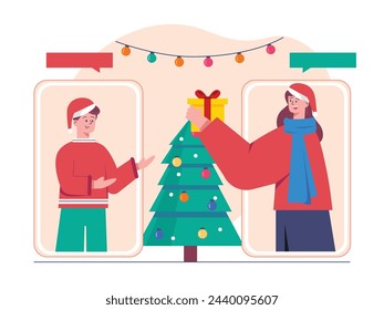 Older sister gives gifts to her younger brother at Christmas with tree decorations and lights, via cellphone. Character design. Vector flat illustration