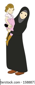 The older sister holds the younger sister. A young girl holds a little girl. A girl looking after her little sister. A girl wears the abaya and the hijab carrying her sister