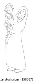 The older sister holds the younger sister. A young girl holds a little girl. A girl looking after her little sister. A girl wears the abaya and the hijab carrying her sister - coloring page