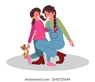 older sister hugging her little sister, friends and family togetherness. Responsible sister. vector illustration.