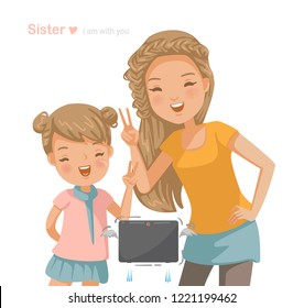 

older sister and sisters are shooting in the frame. The little girl and the younger sister together. Brotherhood, Hand sign, Keep trying, smile happily. Vector cartoon illustration isolated on white