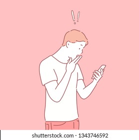 Older Teen Boy Looking Shocked At Cell Phone. Hand Drawn Style Vector Design Illustrations.