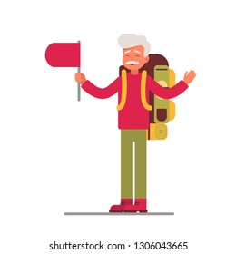 Older traveler with a large backpack holding a red flag. Cartoon character senior man standing with raised arms and smiling. vector illustration isolated on white background