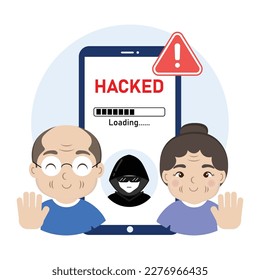 older Warning smartphone with hacker alert. Cyber crime concept.