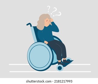 Older woman with a disability uses a wheelchair and tries to remember something she forgot. Senior grandmother has memory loss and stress. Alzheimer's disease and mental health disorders.