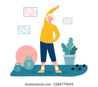 Mujer mayor haciendo ejercicio. La abuela en casa se estira y hace yoga. Estilo de vida activo, fitness, entrenamiento y deportes. Carácter anciano con panecillos. Dibujo vectorial plano de dibujos animados