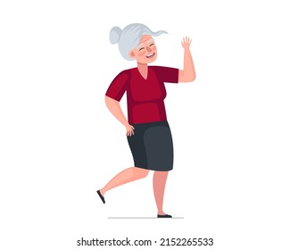 Older woman fun dancing. Elderly female dancer. Old lady waving hands and legs. Retired granny moving to music. Cheerful senior pensioner dance leisure and relaxing. Active modern grandmother vector