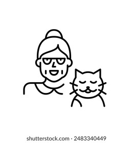 Older woman in glasses and cat. Pet companion. Animal love. Pixel perfect vector icon