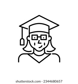 Older woman graduating from college. Wearing mortar and gown. Senior citizens higher education. Pixel perfect, editable