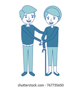 older woman grandma with young man holding hands