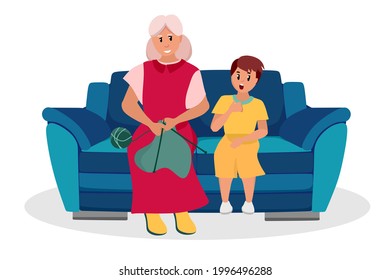 The older woman is a grandmother with her grandson sitting on the couch. Elderly people are cartoon characters. Old age. Vector illustration of a flat style, isolated on a white background