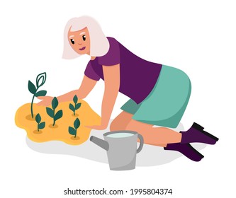 An older woman, a grandmother, is planting plants in the garden. Elderly people are cartoon characters. Old age. Vector illustration of a flat style, isolated on a white background