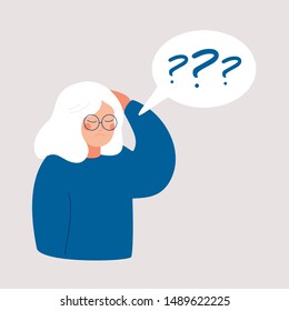 Older woman has Alzheimer’s disease and a question above her in the speech bubble. Loss of short-term memory, difficulty concentrating, problems planning and pondering things are symptoms of dementia.