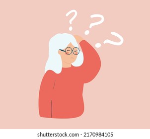 Older woman has loss of short term memory. Grandma has difficulty to remember things. Concept of Alzheimer’s disease, symptoms of dementia and mental health illness. Vector illustration 