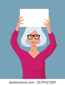 
Older Woman Holding a Blank Sign Vector Cartoon Character. Elder lady with cardboard for presentation of a promotional deal
