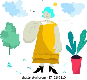 Older woman looking at thermometer, standing outside on fresh air, surrounded by green nature and blue sky.