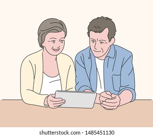 Older woman and man are using digital devices. hand drawn style vector design illustrations. 