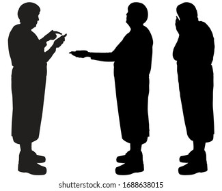 Older Woman With A Phone In Her Hand Asks For Help In Operating The Gadget. Elderly Woman Is Calling By Smart Phone. Grandma Is Typing A Text Message On Phone. Vector Set Of Three Black Silhouettes.