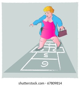 an older woman is playing hopscotch