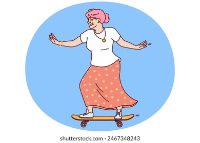 Older woman rides skateboard wanting to stay young and act like teenager heading to skatepark. Elderly woman with skateboard enjoys retirement age and lack of work responsibilities