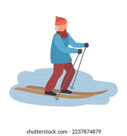 Older woman skiing. Elderly female winter activity. Old lady healthy lifestyle.