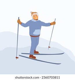 Older woman skiing. Elderly female winter activity.Vector illustration