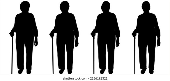 An Older Woman Stands And Looks Up, Down, Forward. An Elderly Woman With A Walking Stick. The Woman Stands Straight Without Moving. Front View. Woman Silhouette In Black Color Isolated On White.