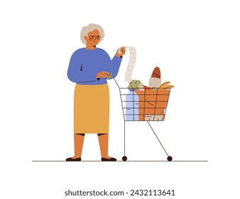 Older woman surprised by high price for products. Senior female shocked by expensive grocery prices. Inflation in economics and high expenses of retired people. vector illustration