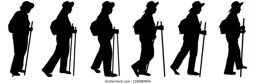 An older woman in a tracksuit, with a hat on her head, with a backpack on her back, walks with the help of walking sticks. Women go in a row, one after another. Black silhouettes isolated on white