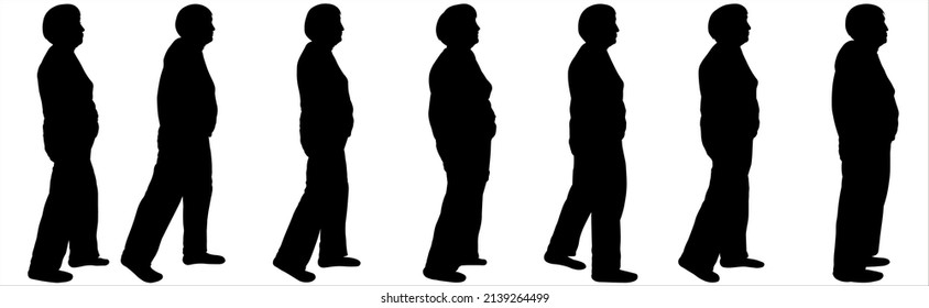An Older Woman Is Walking. Step By Step. Elderly Man Makes Steps. Line Of Pensioners. People Follow Each Other. A Woman In Her 80s. Seven Black Female Silhouettes Isolated On White Background.