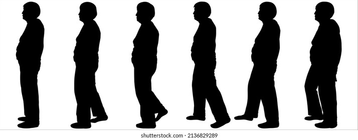 An Older Woman Is Walking. Women Walk One After Another In One Line. Six Human Positions For Gradual Motion Animation. Walking Man Silhouette. Side View. Black Silhouette Isolated On White Background.