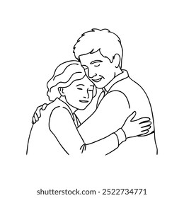 An older woman warmly embraces a young man continuous black line art isolated flat vector illustration on white background.