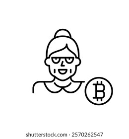 Older woman wearing glasses and bitcoin symbol. Cryptocurrency users of all ages. Accessibility for all demographics. Pixel perfect, editable stroke vector icon

