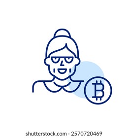 Older woman wearing glasses and bitcoin symbol. Cryptocurrency users of all ages. Accessibility for all demographics. Pixel perfect vector icon