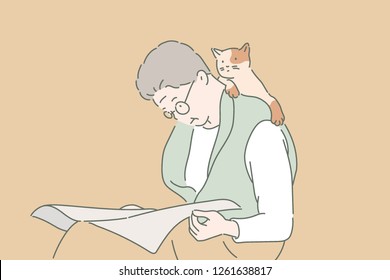 An older woman is wearing glasses   reading newspaper    the cat is playing the shoulder  hand drawn style vector design illustrations 