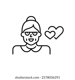 Older woman wearing glasses and two hearts intertwined. Celebrating senior love. Pixel perfect vector icon