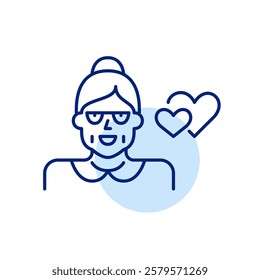 Older woman wearing glasses and two hearts intertwined. Celebrating senior love. Pixel perfect, editable stroke icon