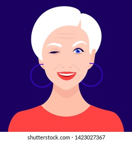 An older woman winks and smiles. Portrait of a funny grandmother. Avatar Vector flat illustration