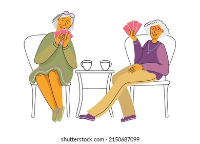 Older women playing in card games. Elderly friends spend time together. Vector illustration