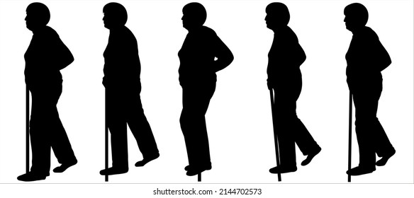 Older Women Walk In One Line. An Old Woman Walks Leaning On A Walking Stick. Side View. A Series Of Images Is Ready For Motion Animation. Five Black Silhouettes Are Isolated On A White Background.