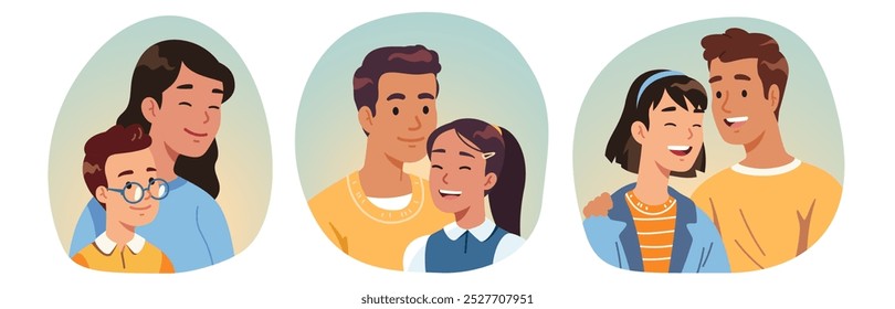 Older and younger brother, sister portraits set. Smiling adult, young teenager child siblings persons cartoon characters standing together. Family relatives relationship flat vector illustration