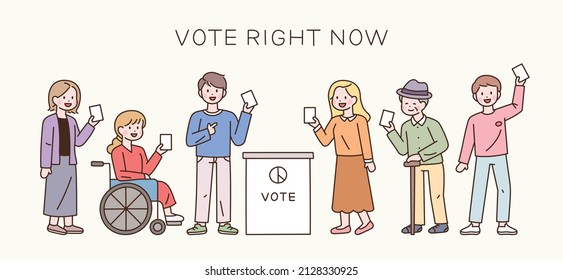 Older, younger and disabled people holding ballot papers in their hands. flat design style vector illustration.