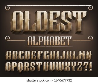 Oldest Alphabet Font. 3D Metal Ancient Letters. Stock Vector Typescript For Your Design.