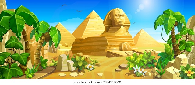 The oldest Egyptian sculpture of the Sphinx against the background of large pyramids. A sight to behold among the sands and deserts in the form of a lion with the head of a pharaoh.