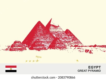 The oldest and largest of the three pyramids at Giza, known as the Great Pyramid.Hand-drawn sketch illustration in vector with colors of the flag of Egypt.