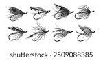 Old-fashioned angling set. Hand drawn by pen and ink fly-fishing nymphs. Victorian fishing hook tied with feathers, lures for salmon and trout. Vector illustration of fly fishing bait.