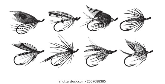 Old-fashioned angling set. Hand drawn by pen and ink fly-fishing nymphs. Victorian fishing hook tied with feathers, lures for salmon and trout. Vector illustration of fly fishing bait.